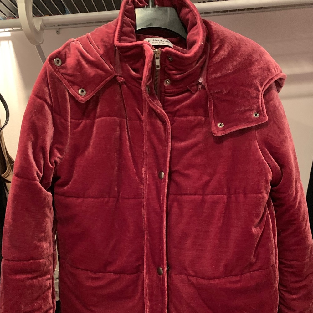 Glamorous velvet burgundy puffer coat